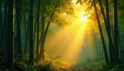 Naklejka premium Golden hour illuminates dense bamboo, creating a mystical atmosphere , stock photo, serene