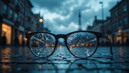 Broken Glasses Lying on a Wet Cobblestone Street After Accident