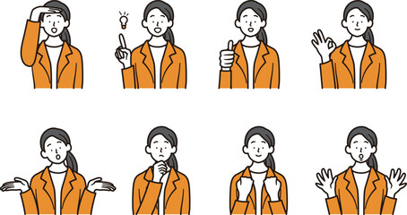 日本人ビジネスウーマンの上半身のシンプルなイラスト素材8点セット