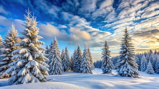 Serene winter landscape with snow-covered fir trees against a clear blue sky with fluffy white clouds and bare branches of the trees , fluffy clouds, bare branches