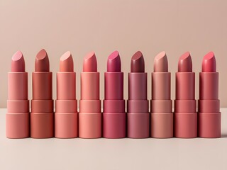 Matte lipstick lineup with different colors and textures on a soft nude background. A row of lipsticks sitting next to each other. Makeup and beauty concept