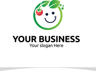 cheerful logo showcasing a smiling face formed by a leaf and vegetable shapes for you company