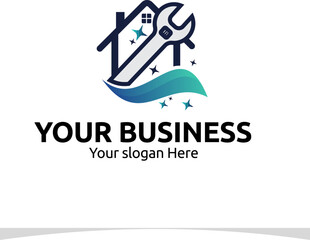 modern logo featuring a house with clean lines and a sparkling wrench symbol for your business