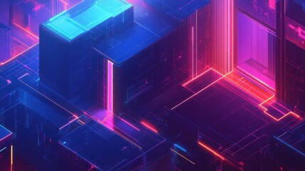 A stunning digital artwork depicting a futuristic cyber city with glowing neon lights in shades of blue, pink, and purple.