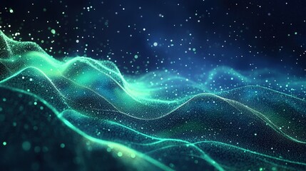 A mesmerizing abstract digital artwork depicting glowing, fluid waves composed of tiny luminous particles against a deep cosmic background.