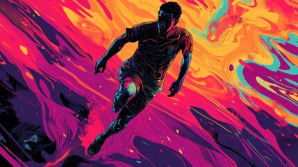 A Soccer Player Running Rapidly Amidst Abstract Colorful Patterns
