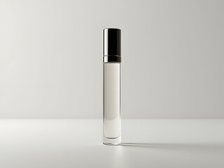 Rollerball perfume bottle with glass body and metallic cap on plain background, clear glass perfume bottle, roll-on fragrance applicator