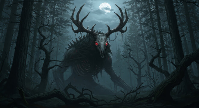 Antlered skull monster lurks menacingly under a full moon