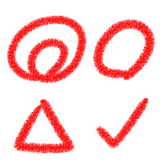 手書きの二重丸、丸、三角、チェックマークのかわいいイラスト。