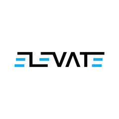 The image shows a flat logo design of a wordmark ELEVATE with three staircases on a white background. 