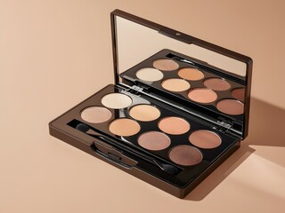 Slightly open luxury nude eyeshadow palette on a nude background, neutral brown tones. Professional multicolor eye shadow palette. Beauty product concept and makeup cosmetics