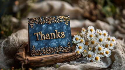 Naklejka premium Flowers on rocks with a wooden sign thanks and a message