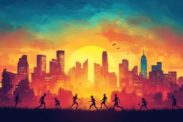 Fototapeta premium People playing soccer in front of a beautiful cityscape skyline background