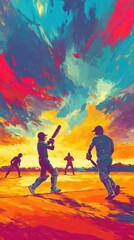 Cricket players are playing on a field with a colorful sky above
