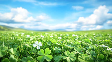 A lush green meadow with shamrocks scattered under a bright blue sky