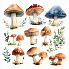 Vibrant Watercolor Mushroom Illustration: Artistic Exploration of Forest Fungi and Botanical Diversity