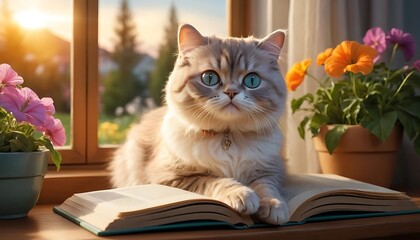 Cute Cat Relaxing on Open Book by Window with Flowers