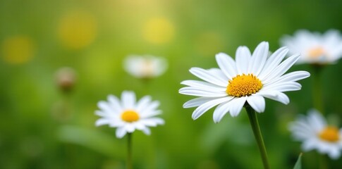 Fresh white daisy flowers blooming in a garden, white, daisies, greenery