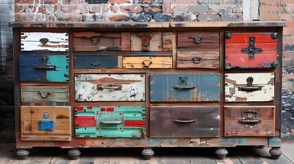 Colorful Vintage Wooden Dresser with Distressed Finish and Multiple Unique Drawers