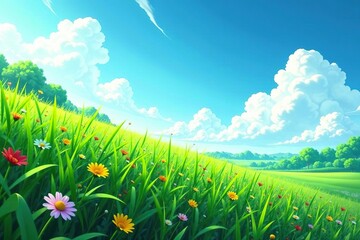 Fototapeta premium Lush vegetation swaying in the wind with a few wispy clouds above, gentle breeze, wispy clouds