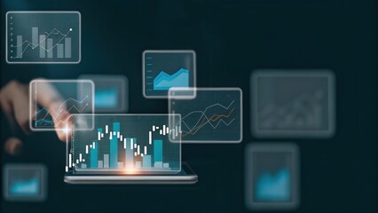 Financial Planning for Smart Tax Optimization Concept. Digital analytics display on a laptop with graphs and charts representing data insights.