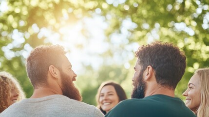 Fototapeta premium diverse group of friends embraces in warm supportive circle reflecting togetherness and in park setting sun filtering