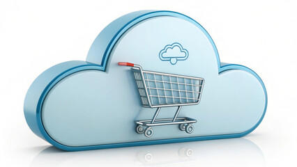 3D cloud with digital shopping cart symbolizes cloud based e commerce solutions, highlighting integration of online shopping with cloud technology