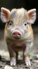 Fototapeta premium Pink pig standing alone in green pasture under bright blue sky in rural farm setting