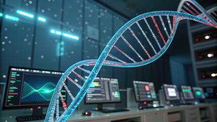 glowing DNA strand is prominently displayed high tech laboratory, surrounded by computer screens displaying data and analysis. scene conveys sense of advanced scientific research and innovation