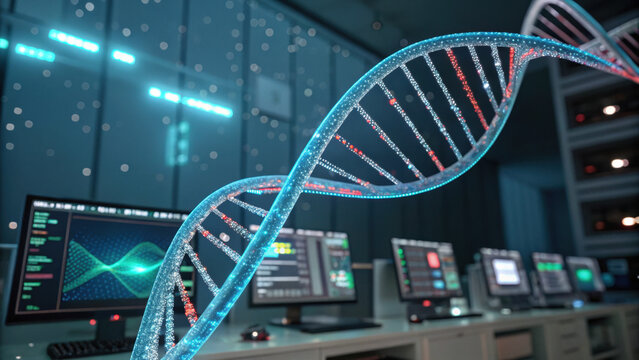 glowing DNA strand is prominently displayed high tech laboratory, surrounded by computer screens displaying data and analysis. scene conveys sense of advanced scientific research and innovation - Powered by Adobe