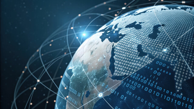 digital globe with binary code and network lines represents global connectivity and data exchange. image highlights concept of connected world through technology and communication networks