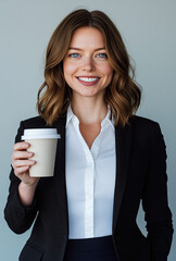 Professional woman in business attire holding a coffee cup, smiling against a neutral background