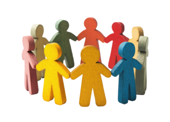 Figures of people standing in a circle and holding hands, isolated on transparent background