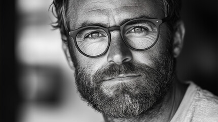 soulful black and white portrait of a bearded man with glasses, conveying thoughtful introspection and maturity. Ideal for lifestyle blogs, masculine themes, or creative projects