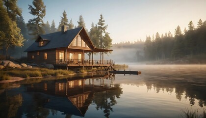 Fototapeta premium Cabin on Lake at Misty Sunrise Peaceful Lakeside Retreat Getaway