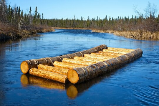A traditional wooden raft made from large logs floating on a river. The water reflects the bright blue sky as it drifts downstream.