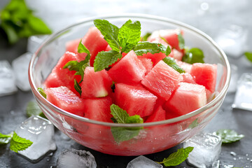 Watermelon fruit salad with juicy watermelon cubes and fresh mint leaves in a clear glass bowl