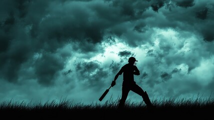 Fototapeta premium A silhouette of a cricket player with a storm approaching the field