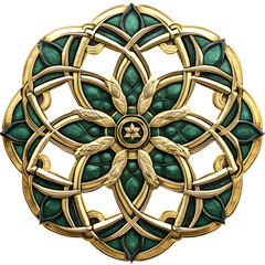 Celtic knot mandala in gold and green, isolated in PNG format on transparent background, perfect for spiritual and decorative design projects 