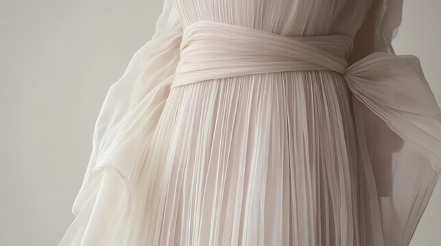 Elegant blush pink pleated chiffon gown detail.  Soft, flowing fabric with a tied waist.  Perfect for wedding, bridal, or fashion imagery.