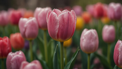 Fototapeta premium A close-up shot showcases a field of pink tulips with a central, prominent bloom. It is intended for upload as stock imagery.