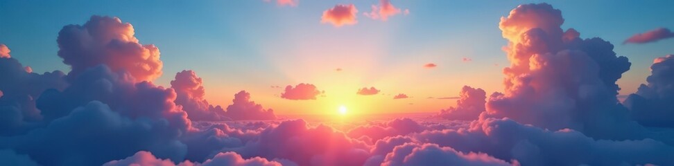 Fototapeta premium Sunset hues paint fluffy cumulus clouds, vibrant colors against deep blue sky , meteorology, golden hour