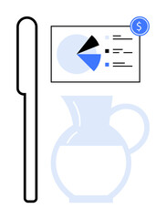 Pie chart with financial data, rectangular outline pencil, transparent glass pitcher. Ideal for business, finance, planning, analytics, education report strategy themes. Flat simple metaphor