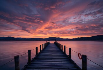 Obraz premium Sunset Serenity. Wooden Pier. A Calm Lake Scene. Beautiful Sky. Warm Colors Reflect. Distant Hills. Peaceful. Inviting Landscape. Relaxing. A Scenic Evening.