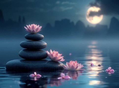 Zen e armonia. Scenario di meditazione con pietre sovrapposte, acqua e fiori illuminato da luce lunare. Generative AI