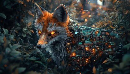 Frontal view of a cybernetic fox, sleek metallic fur, glowing circuits intertwining with natural elements, urban jungle backdrop, vibrant colors, photorealistic style