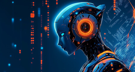 abstract technology background Create an image of a futuristic robot with an elongated, sleek silhouette, featuring a head that is more angular and geometric.
