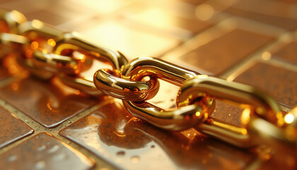 Gold chain links in sunlight for luxury branding and jewelry website backgrounds