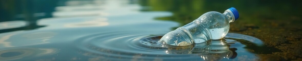 Plastic bottle partially submerged in murky lake water, bottles, shore, aquatic