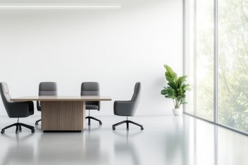 panoramic shot of sleek modern office space with elegant conference table and plush chairs softly illuminated by natural